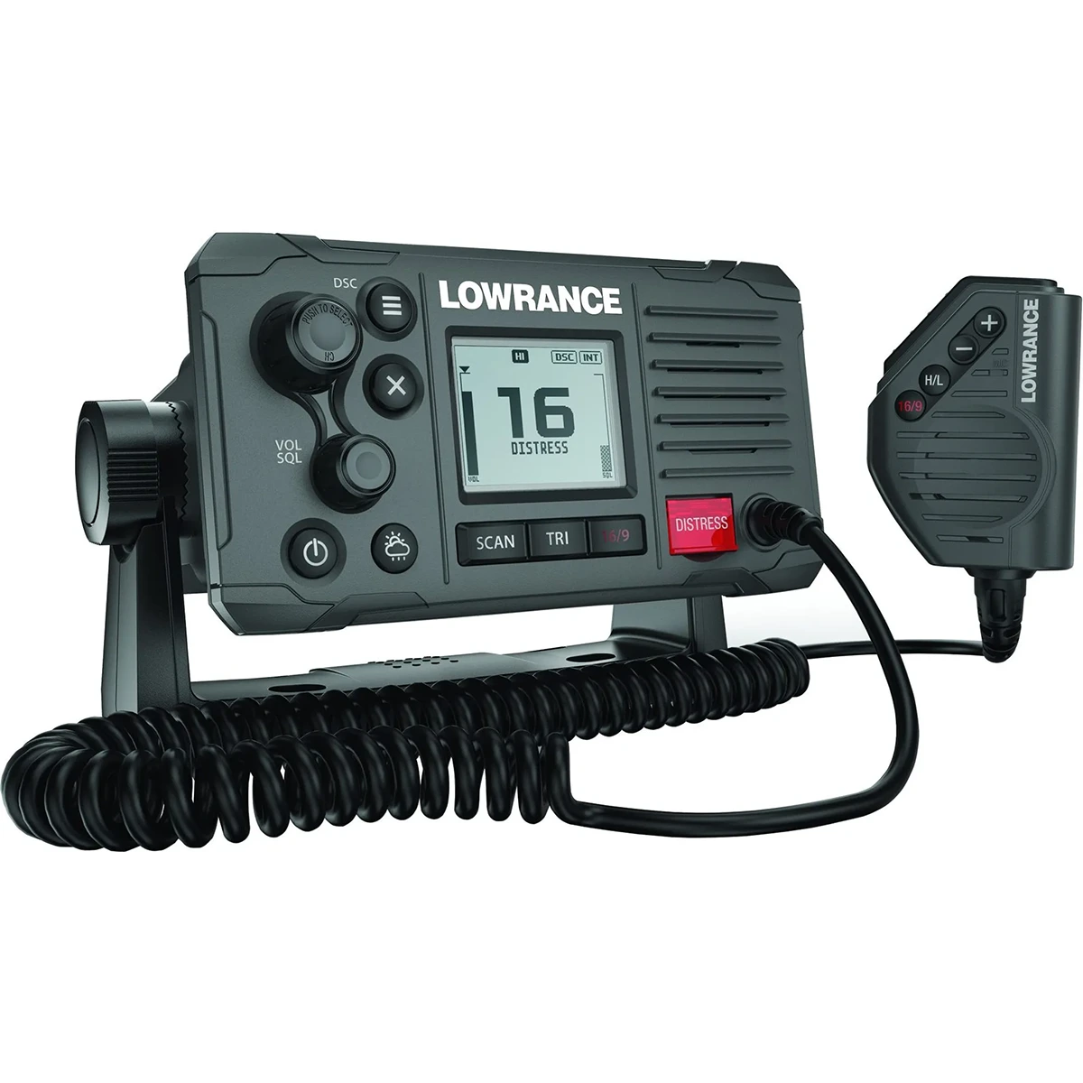 Das Lowrance Link-6S VHF DSC-Funkgerät - schwarz verfügt über ein Display, Bedientasten, Mikrofon mit Spiralkabel und wird mit einem Ständer geliefert.