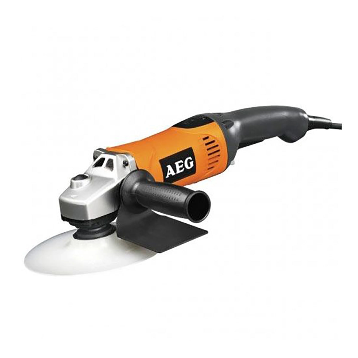 Der AEG 1200 W Schleifer SE 12-180, hier mit orange-schwarzem Griff, verfügt über eine 180 mm große Scheibe für effizientes Mahlen. Marke: AEG.