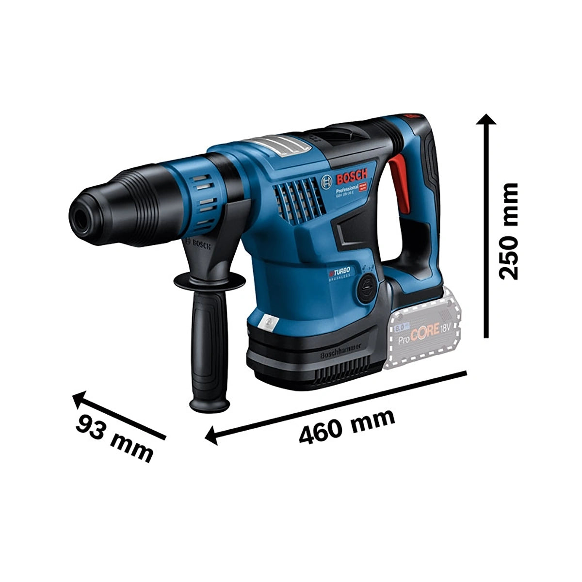 Gezeigt wird ein blauer Bosch GBH 18V-36 C Akku-Bohrhammer mit BITURBO Brushless Technologie, beschrifteten Abmessungen (460 mm x 250 mm x 93 mm), einem seitlichen Griff und einem sichtbaren 18V-Akku an der Basis.