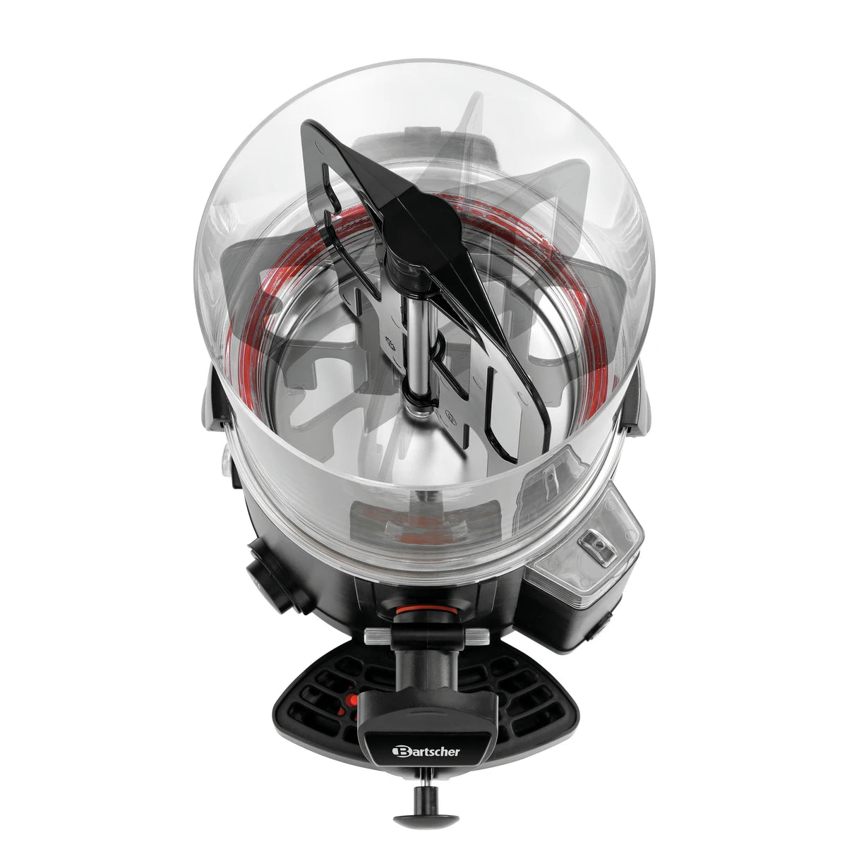 Die Draufsicht auf den Bartscher Schokoladendispenser 5L - schwarz von Bartscher zeigt die durchsichtige Schüssel, die schwarzen Rührblätter und den Bedienknopf - ideal für die Zubereitung von heißer Schokolade.