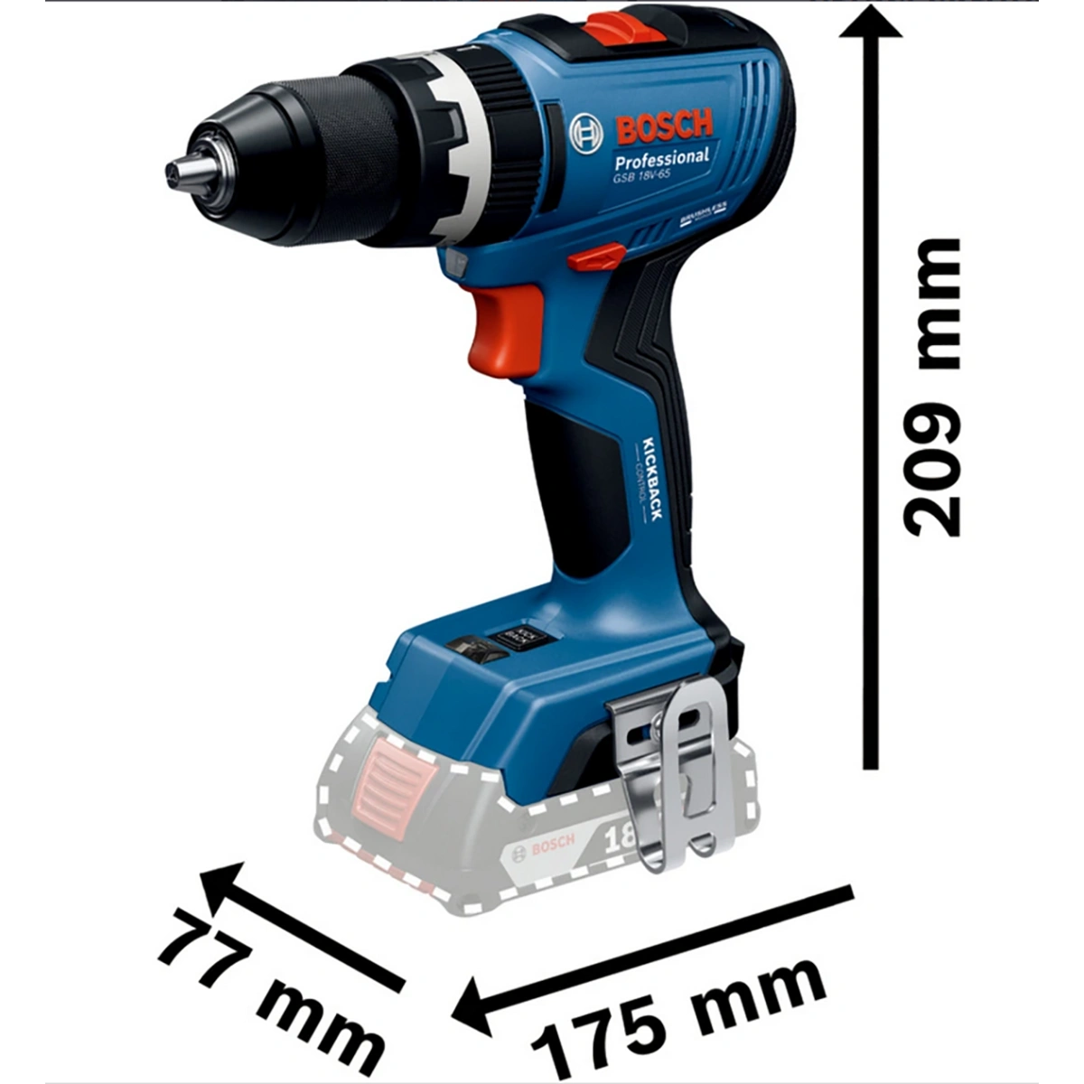 Ein Bosch GSB 18V-65 Professional Akku-Kombi-Bohrschrauber von Bosch wird mit seinem Design und den wichtigsten Abmessungen gezeigt: 209 mm Höhe, 175 mm Länge und 77 mm Breite. Das Bild unterstreicht die kompakte Bauweise des Schlagbohrschraubers.