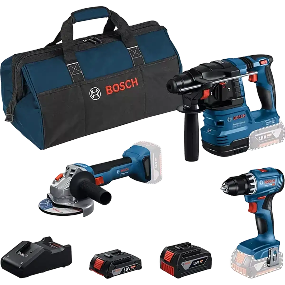 Das Bosch Professional Maschinen-Set 3-Tool-Kit (GSR 18V-45, GBH 18V-22, GWS 18V-8) enthält zwei Akkus, ein Schnellladegerät und eine Transporttasche. Bei den Werkzeugen fehlen die Akkupacks.