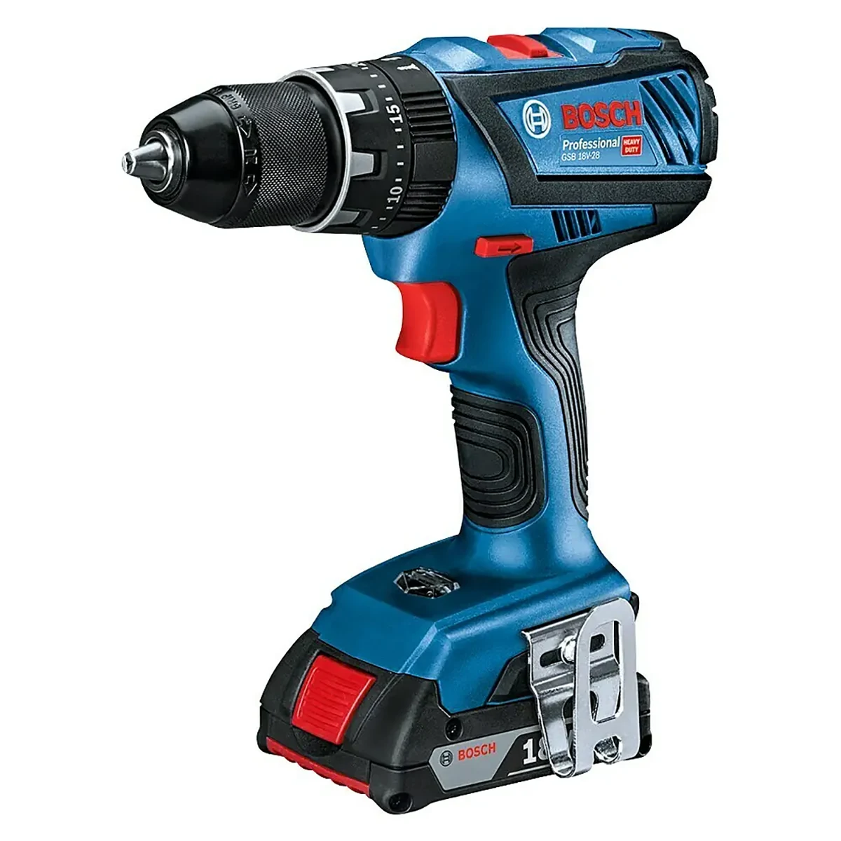 Ein blau-schwarzer Bosch Professional AmpShare GSB 18V-28 Akku-Bohrschrauber mit rotem Auslöser, Metall-Gürtelclip und verstellbarem Bohrfutter ist in einem Dreiviertelwinkel auf weißem Hintergrund abgebildet.