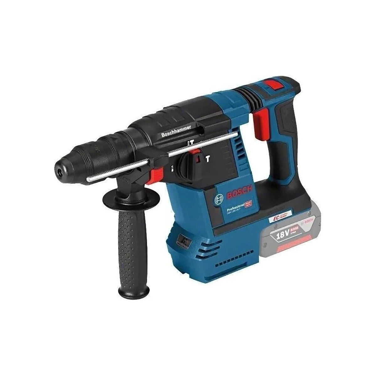 Ein blau-schwarzer Bosch GBH 18V-26 Professional Akku-Bohrhammer ohne Akku, mit Seitengriff und SDS-plus-Futter, ist auf weißem Hintergrund zu sehen.