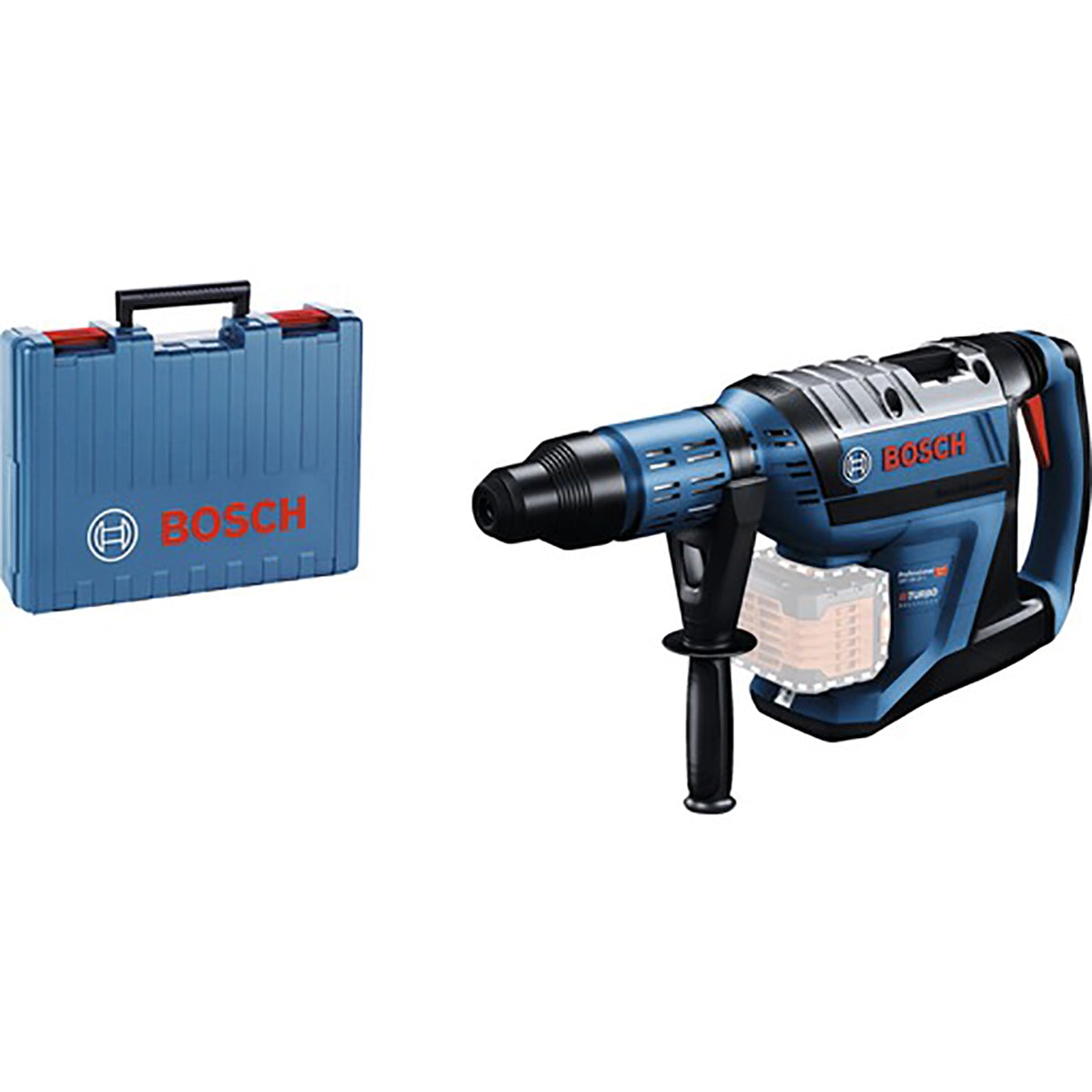 Der Bosch Professional GBH 18V-45 C BITURBO Akku-Bohrhammer mit SDS max und Seitengriff wird neben einem passenden blauen Bosch-Koffer ausgestellt und unterstreicht die Leistungsfähigkeit der BITURBO-Serie.