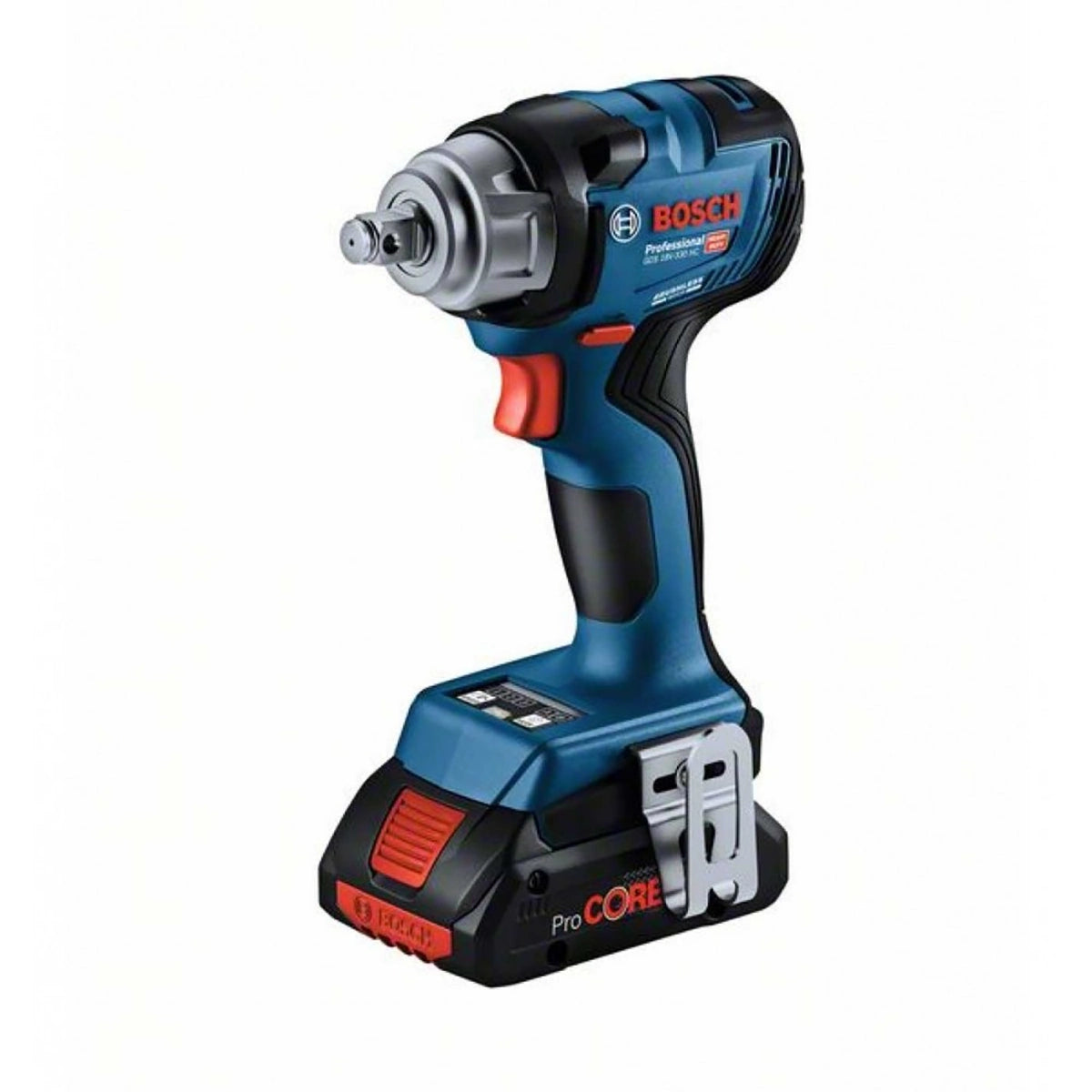 Der Bosch Professional Akku-Drehschlagschrauber GDS 18V-330 HC verfügt über ein blau-schwarzes Gehäuse mit roten Akzenten, einen ProCORE 18V-Akku, einen Metall-Gürtelclip und einen ergonomischen Griff für eine komfortable Handhabung.