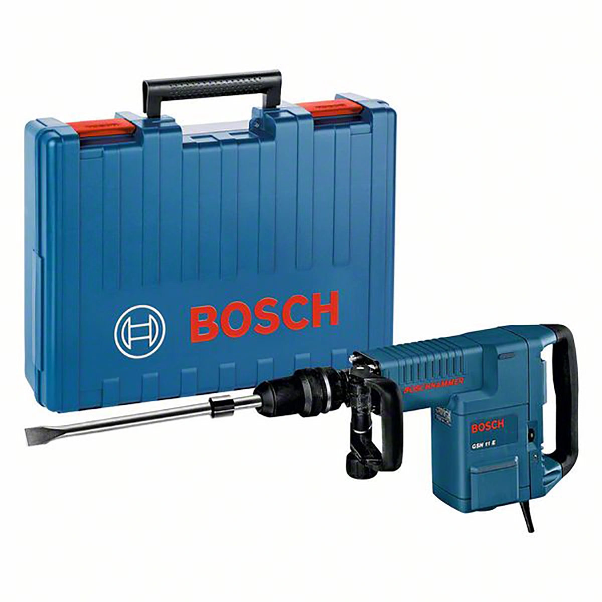 Der Bosch GSH 11 E Professional Schlaghammer mit SDS-max in Blau, abgebildet mit dem passenden Koffer, beide mit dem roten Bosch-Logo - ideal für effiziente Abbrucharbeiten in Beton.