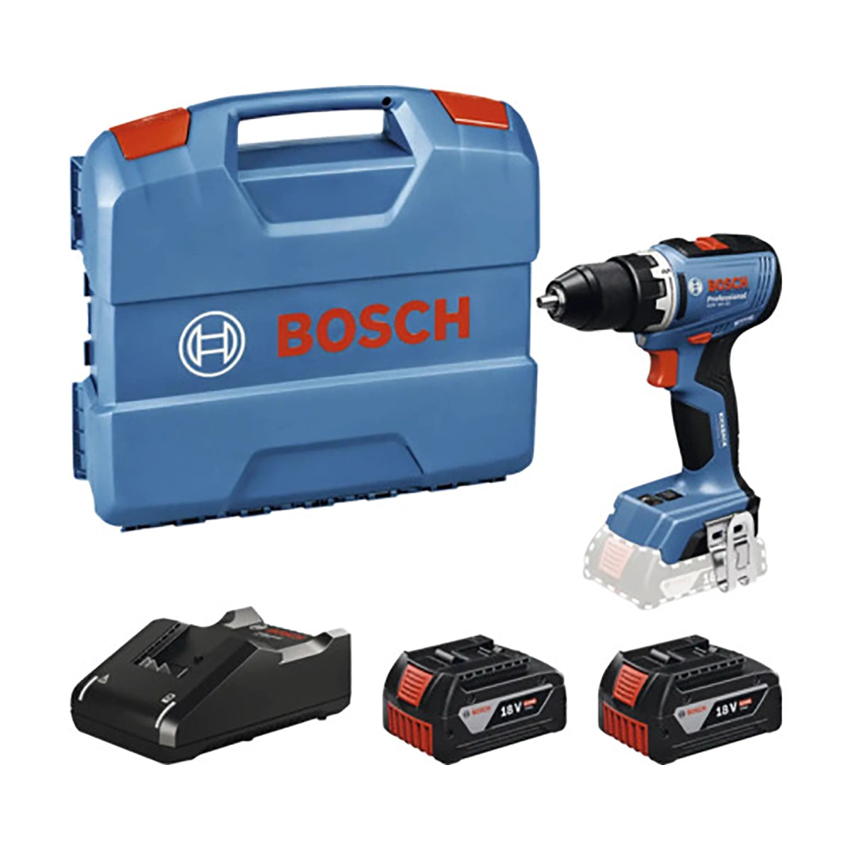 Das Bosch GSR 18V-65 Professional Akku-Bohrschrauber Set besteht aus einem schwarz-blauen Bohrer, zwei 4,0-Ah-Akkus, einem Ladegerät und einem L-Boxx-Koffer mit Griff und Bosch-Branding in Weiß und Rot.