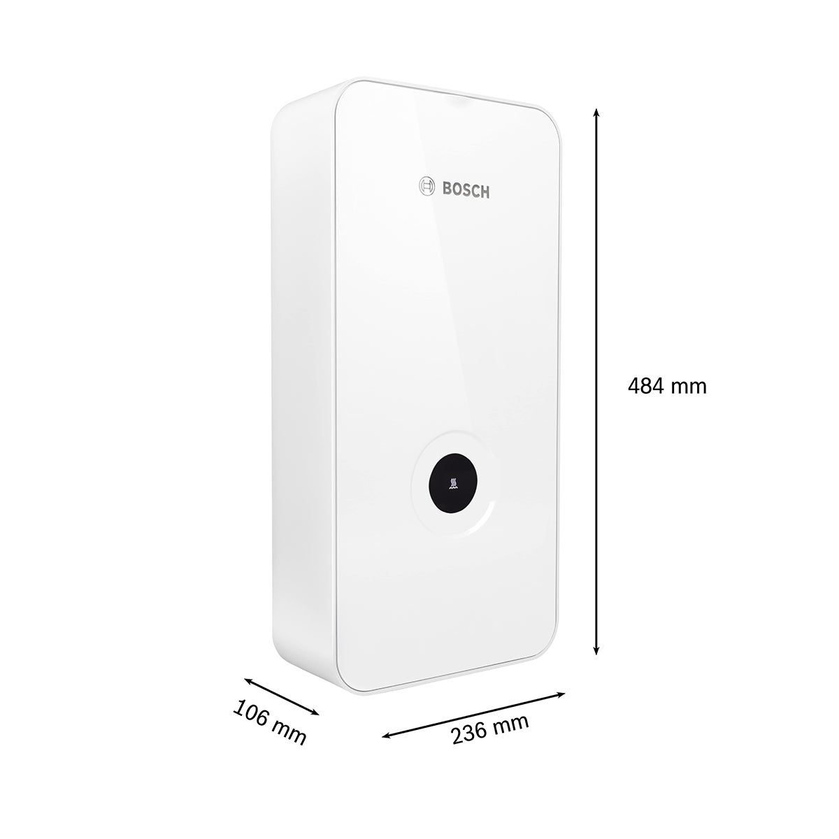 Der Bosch Tronic Line Durchlauferhitzer 21/24/27 kW von Bosch ist ein weißer, rechteckiger elektronischer Durchlauferhitzer mit abgerundeten Kanten, einem zentralen schwarzen, runden Knopf und den Maßen 484 x 236 x 106 mm. Leistung: bis zu 27 kW.