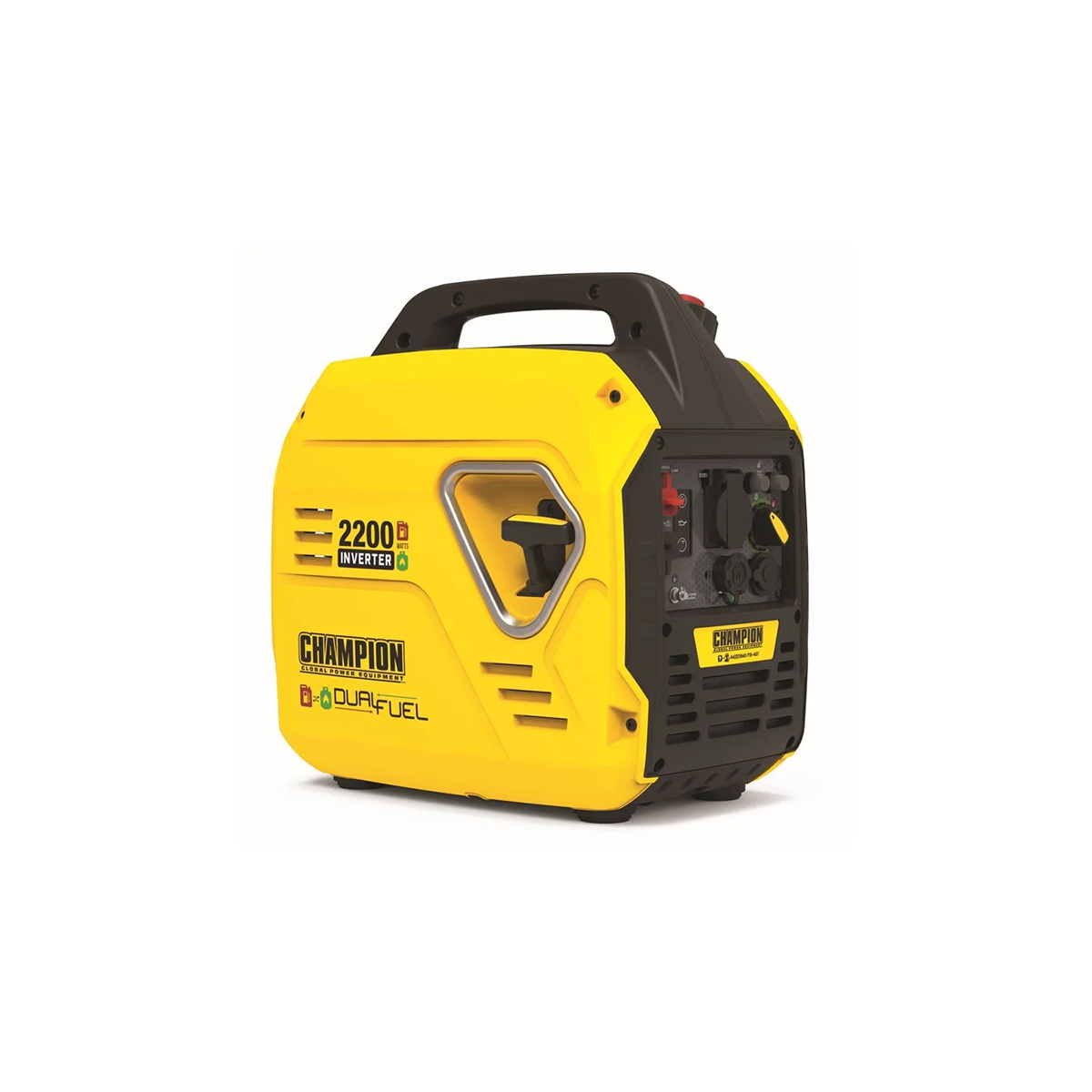 Der Champion 2200 Watt Dual Fuel Inverter Generator von Champion verfügt über ein gelb-schwarzes, tragbares Design mit einem Griff, einem übersichtlichen Bedienfeld und Steckdosen - ideal für die zuverlässige Stromversorgung unterwegs, entweder mit Benzin oder Gas.