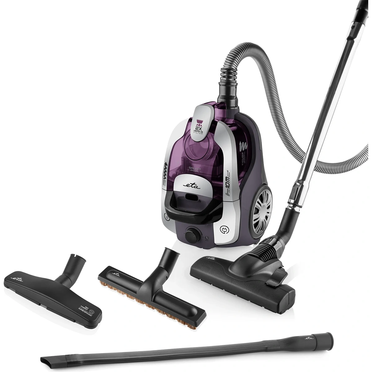 Der ETA Salvet Animal Staubsauger von ETA ist ein lilafarbener und silberner Kanistersauger mit Schlauch, Metallrohr, HEPA-13-Filter und vier Reinigungsaufsätzen, die vorne auf einem weißen Hintergrund abgebildet sind.