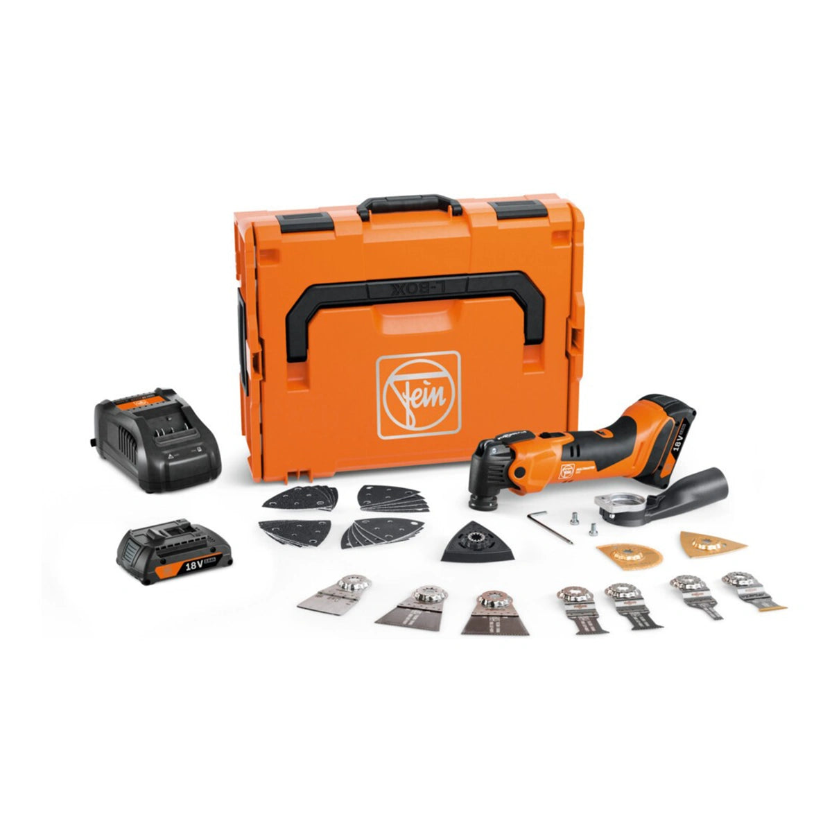 Der Fein Akku-Oszillierer AMM 500 Plus Top Kit enthält ein Akku-Multitool, Ladegerät, Akku, Aufsätze, Klingen, Schleifpads und Zubehör - perfekt für die Renovierung - verpackt in einem orangefarbenen Transportkoffer.