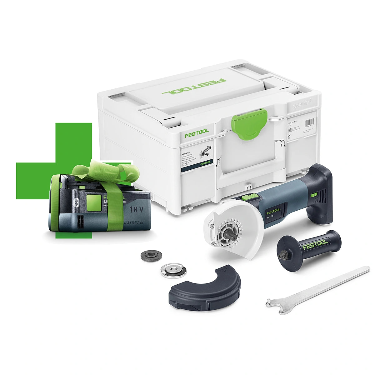 Der Festool Akku-Winkelschleifer AGC 18-125 EB-Basic enthält einen bürstenlosen Motor, einen Schleifer, einen Akku, ein Ladegerät, Trenn- und Schruppscheiben, eine Schutzabdeckung, einen Schraubenschlüssel und einen eleganten weißen Festool-Koffer mit grünen Akzenten - alles auf weißem Untergrund.