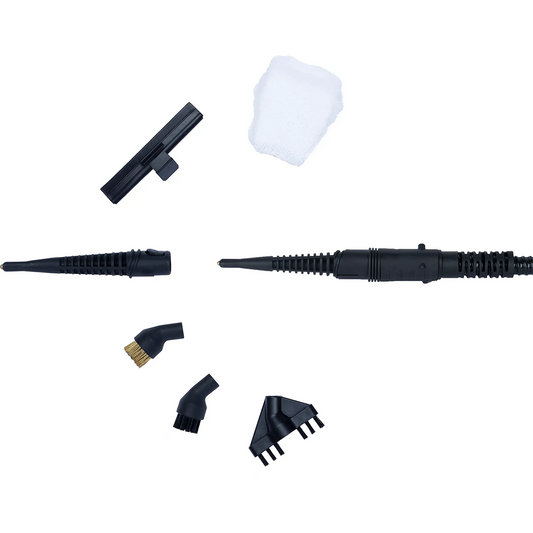 Der H.Koenig Multifunktions-Dampfstaubsauger 3 in 1 ARYA600 in grau wird mit verschiedenen schwarzen Düsenaufsätzen, einem Wischtuch und Bürstenköpfen dargestellt - Ihre vielseitige 3-in-1 Reinigungslösung.