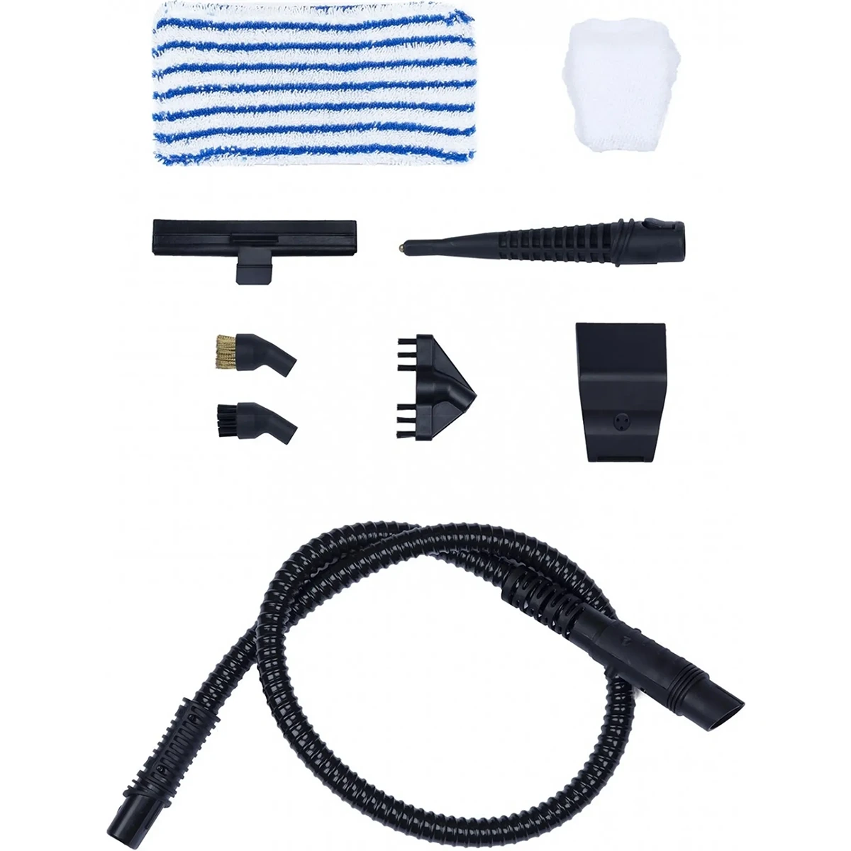 Ein Set mit H.Koenig-Zubehör - gestreiftes Pad, weißes Tuch, Düsen, Bürsten und Wellschlauch - perfekt geeignet für den H.Koenig Multifunktions-Dampfstaubsauger 3 in 1 ARYA600 (grau).