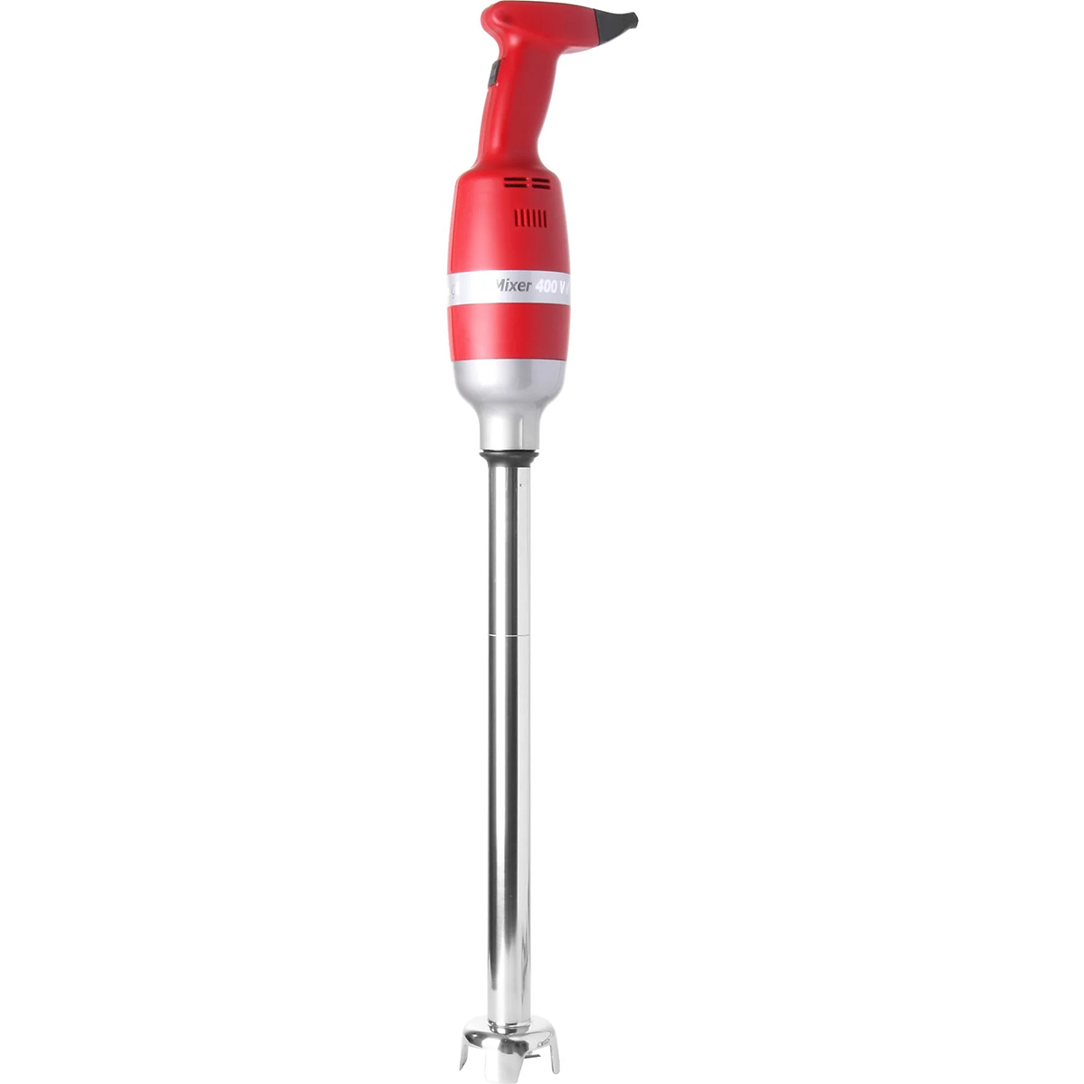 Der HENDI Profi Line 400 Stabmixer - rot ist ein rot-silberner Stabmixer von HENDI mit einem langen Metallstiel und einer scharfen Edelstahlklinge zum Mixen.