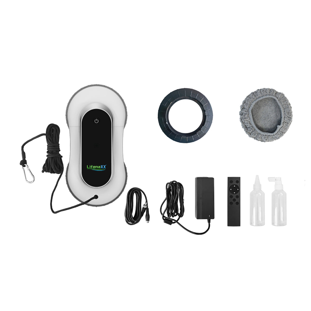 Der Lifenaxx LX-055 Fensterreinigungsroboter von Lifenaxx verfügt über eine 2800-Pa-Saugkraft, ein Netzkabel, einen Saugring, ein rundes Reinigungskissen, eine Fernbedienung, einen Adapter, Kabel und zwei Sprühflaschen - alles auf einem weißen Hintergrund.