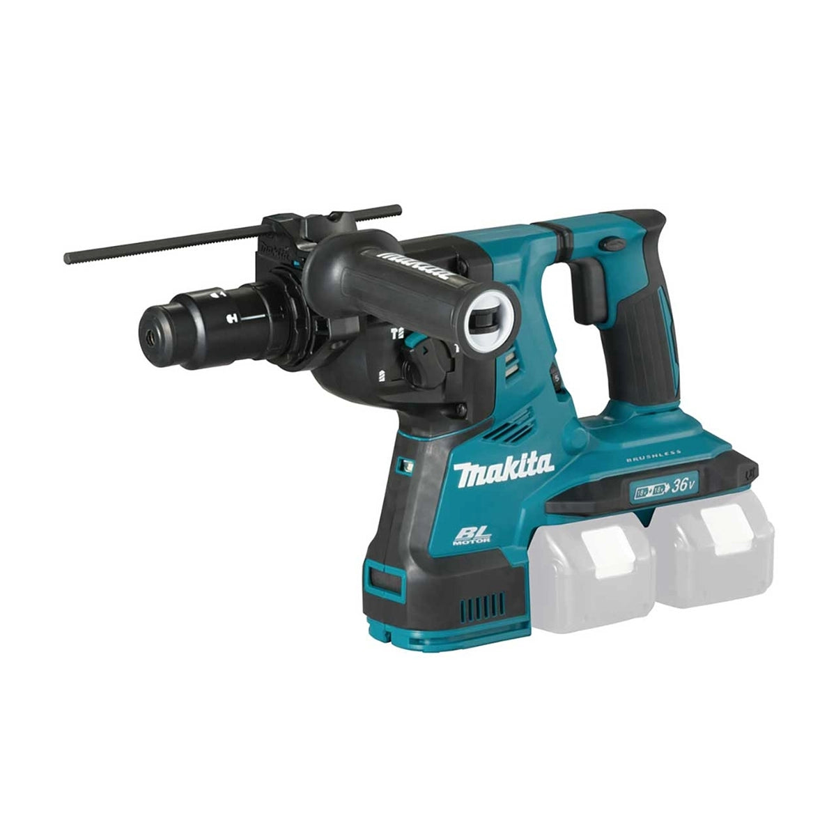 Der Makita DHR281ZJ Akku-Kombihammer 2x18 V (36 V LXT) Akku-Bohrhammer in Blau und Schwarz verfügt über zwei Akkuschächte, einen seitlichen Griff und einen Tiefenmesser. Marke: Makita. Abgebildet auf weißem Hintergrund.