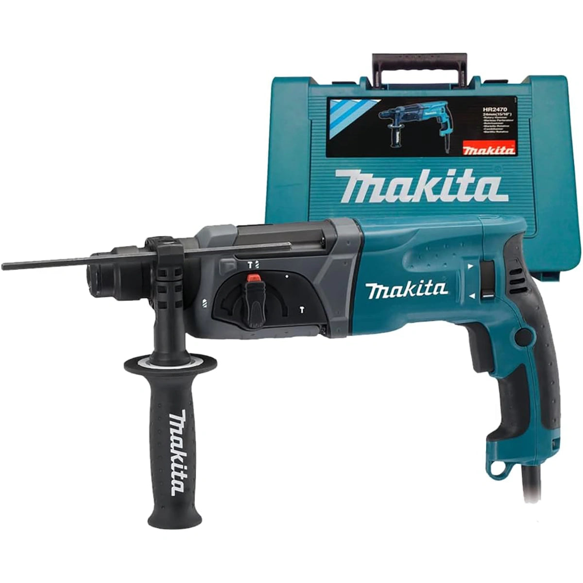 Ein Makita HR2470 Bohr- und Meißelhammer (SDS-plus, 780 W, 2,4 J) mit Seitengriff wird vor einem blauen Makita-Koffer gezeigt, der das Markenlogo und eine Abbildung des Werkzeugs zeigt.
