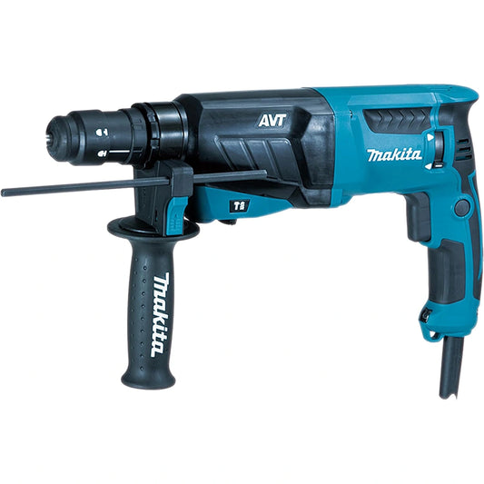 Der Makita HR2631FT13 Kombihammer in Petrol und Schwarz verfügt über eine SDS-PLUS-Schnellwechselfutter, einen seitlichen Griff, einen Tiefenmesser, das AVT Anti-Vibrations-Technologie-Label und trägt den Makita-Markennamen auf dem Gehäuse.