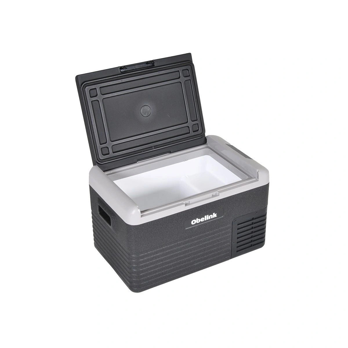 Die Obelink Coolmove 30 Kompressor Kühlbox ist eine schwarz-graue tragbare Kühlbox von Obelink mit einem Fassungsvermögen von 30 Litern, einem offenen Deckel und Griffen an beiden Seiten.