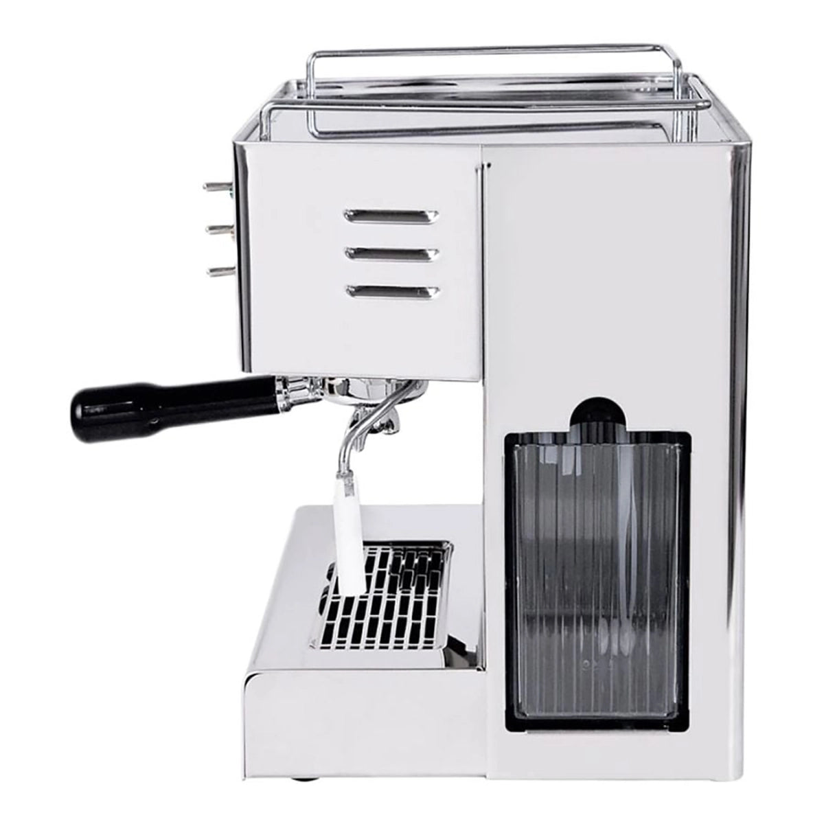 Die Quickmill Orione Modell 3000 Espressomaschine aus Edelstahl bietet einen Siebträger, Dampflanze, Abtropfschale und einen seitlich transparenten Wassertank - für Kaffeegenuss wie im Café.