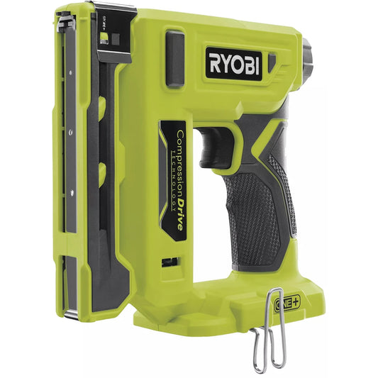 Der Ryobi 18V ONE+ R18ST50-0 Akku-Tacker in grün hat einen schwarzen Griff, ein sichtbares Compression Drive Label und ist mit dem vielseitigen ONE+ System Elektrowerkzeuge kompatibel.