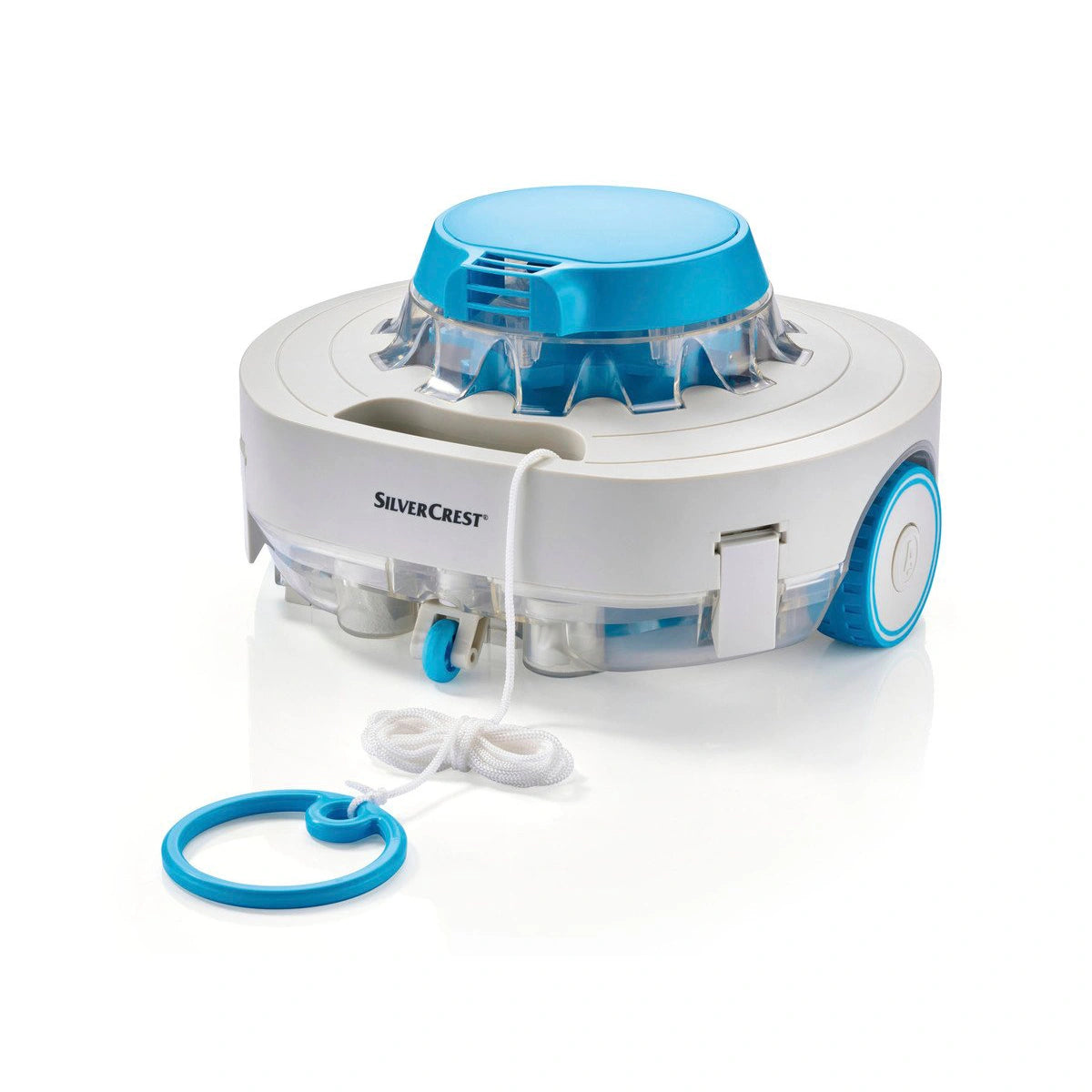 Weißer SILVERCREST SCPR 50 A1 Pool-Reinigungsroboter von SILVERCREST auf weißem Hintergrund, mit einem kreisförmigen Griff, der an kompakte kabellose Poolreiniger erinnert.