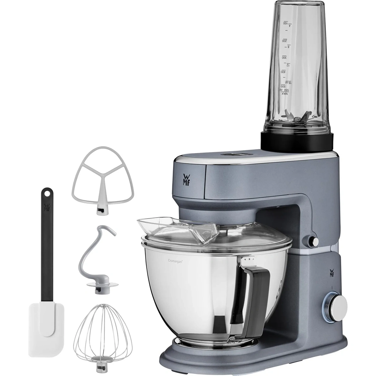 Die WMF KÜCHENminis Küchenmaschine One for All - Grau hat eine Edelstahlschüssel, einen eingebauten Mixer, einen Schneebesen, einen Knethaken, einen Rührbesen und einen Spatel - alles auf weißem Hintergrund.