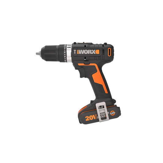 Ein schwarz-oranger WORX WX370.1 20V Akku-Schlagbohrschrauber (50Nm) mit Metall-Gürtelclip und verstellbarem Spannfutter ist auf einem schlichten weißen Hintergrund abgebildet.