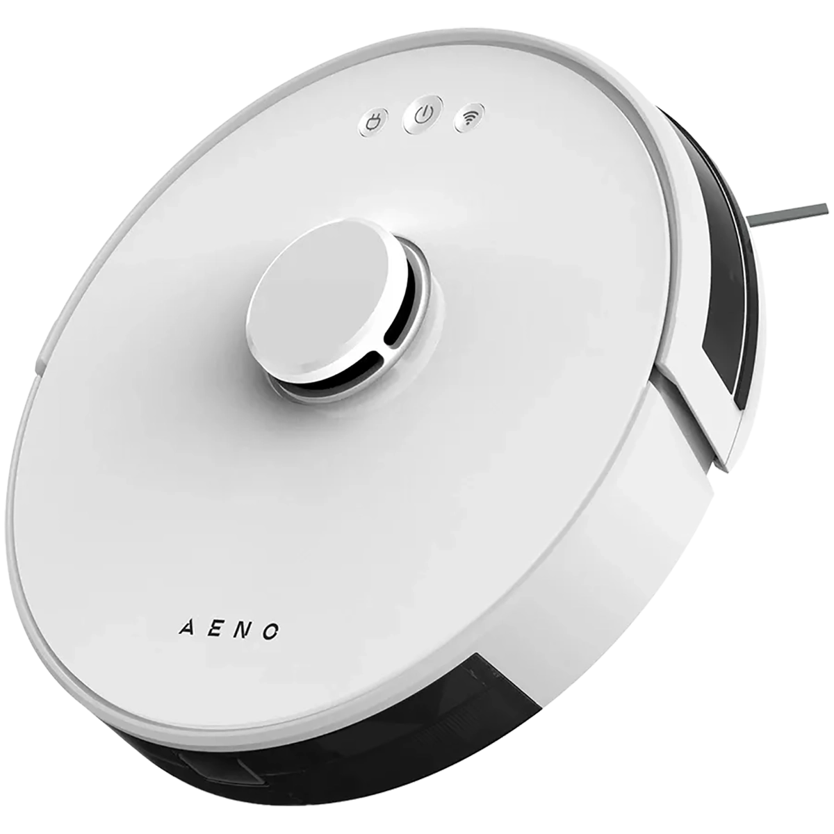 Der AENO RC2S Saugroboter ist ein weißer, runder Staubsaugerroboter mit Tasten, einem oben angebrachten Sensor und fortschrittlicher LiDAR-Navigation für eine präzise Reinigung.