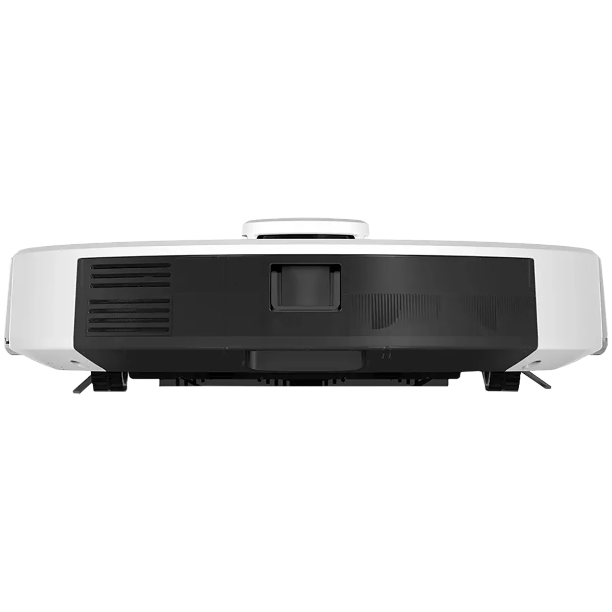 Untere Frontansicht des AENO RC2S Saugroboters von AENO, ein weißer Saugroboter mit schwarzen Akzenten, Sensorpanel, Wischfunktion und fortschrittlicher LiDAR-Navigation für präzise Reinigung.