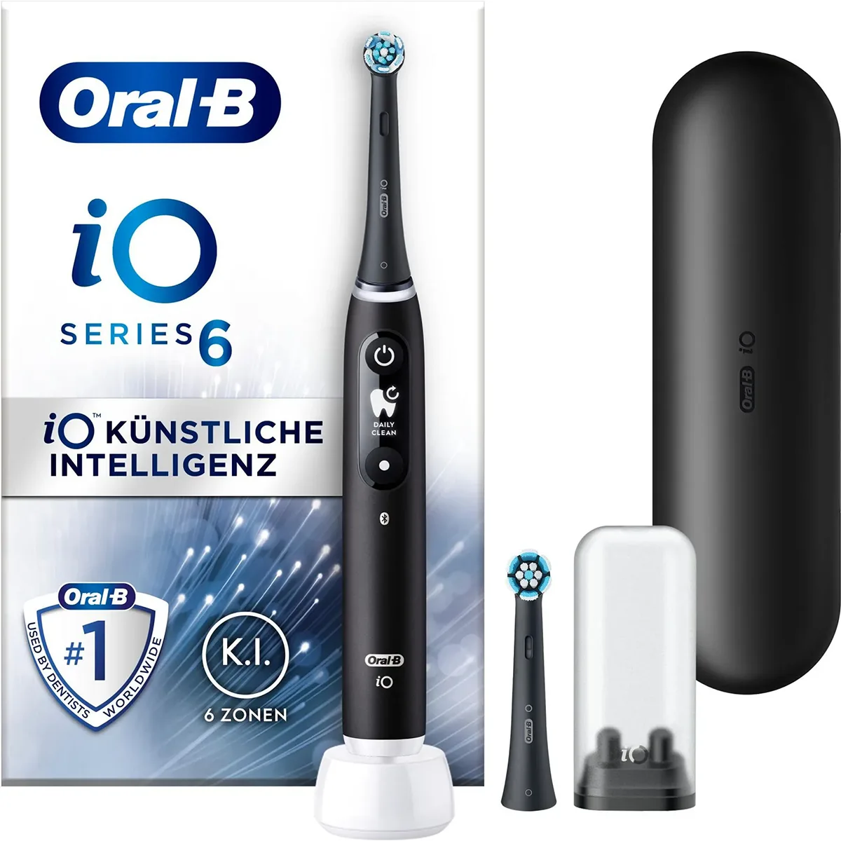 Oral-B iO Series 6N Elektrische Zahnbürste in Schwarz mit magnetischer iO-Technologie, inklusive Etui, Zusatz-Bürstenkopf und Ladestation.