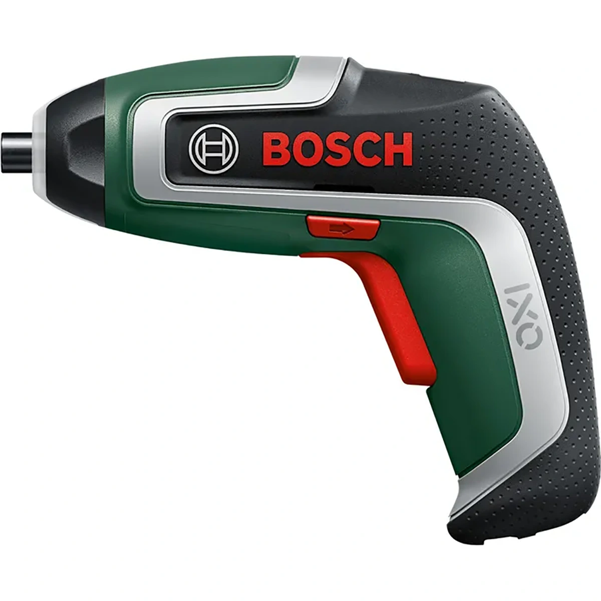 Bosch IXO 7 Akku-Schrauber in grün und schwarz, mit rotem Auslöser und ergonomischem Griff, Seitenansicht.