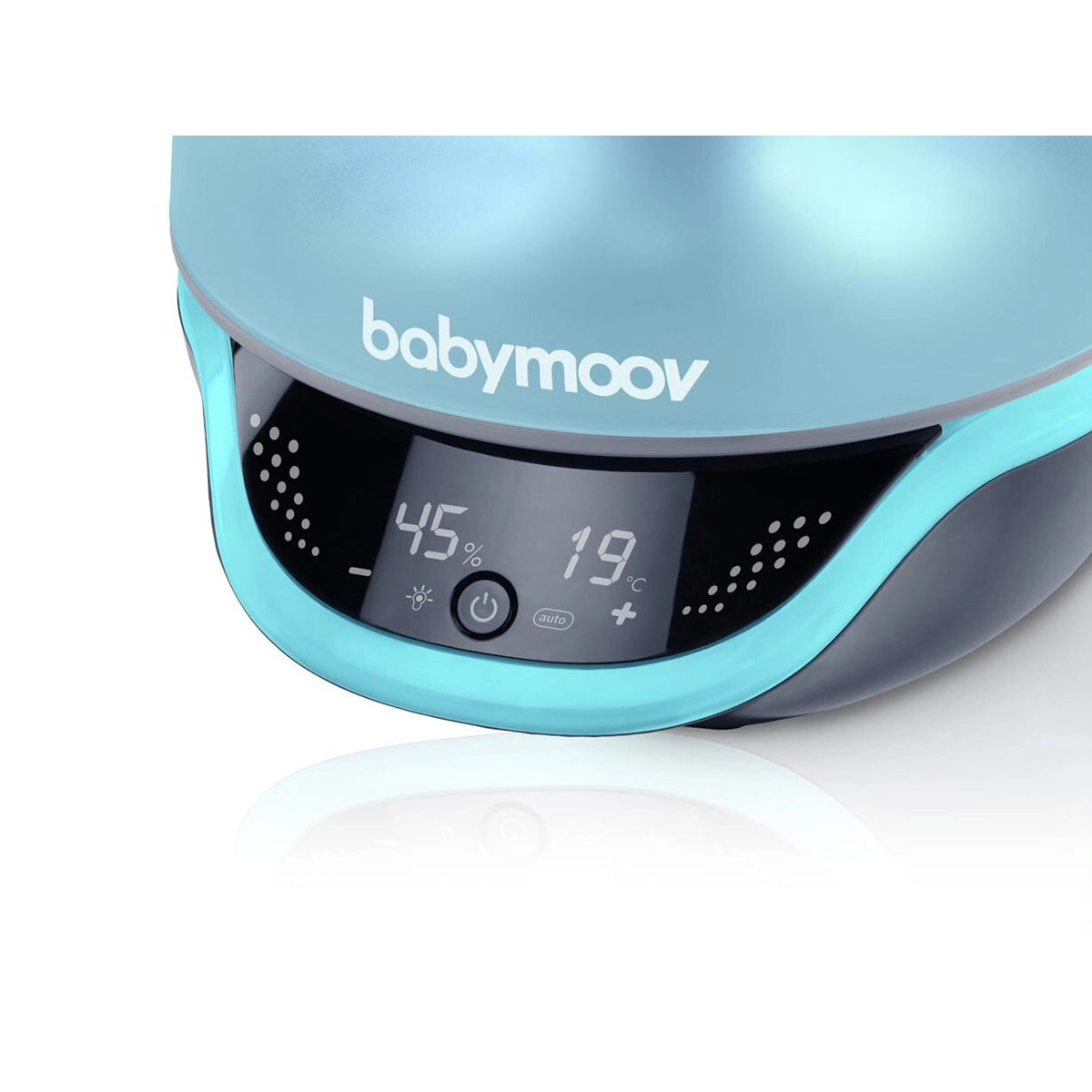 Nahaufnahme des Babymoov HYGRO+ Luftbefeuchters von Babymoov mit digitaler Anzeige (-45 und 19°C) sowie Power- und Mode-Tasten - perfekt für die Aufrechterhaltung der idealen Luftfeuchtigkeit in jedem Kinderzimmer.
