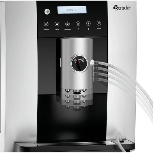 Nahaufnahme des Bartscher Kaffeevollautomaten Easy Black 250 - silber mit Digitalanzeige, Bedientasten und transparenten Schläuchen im Ausgabebereich - ideal als Kaffeemaschine für den Büroeinsatz.