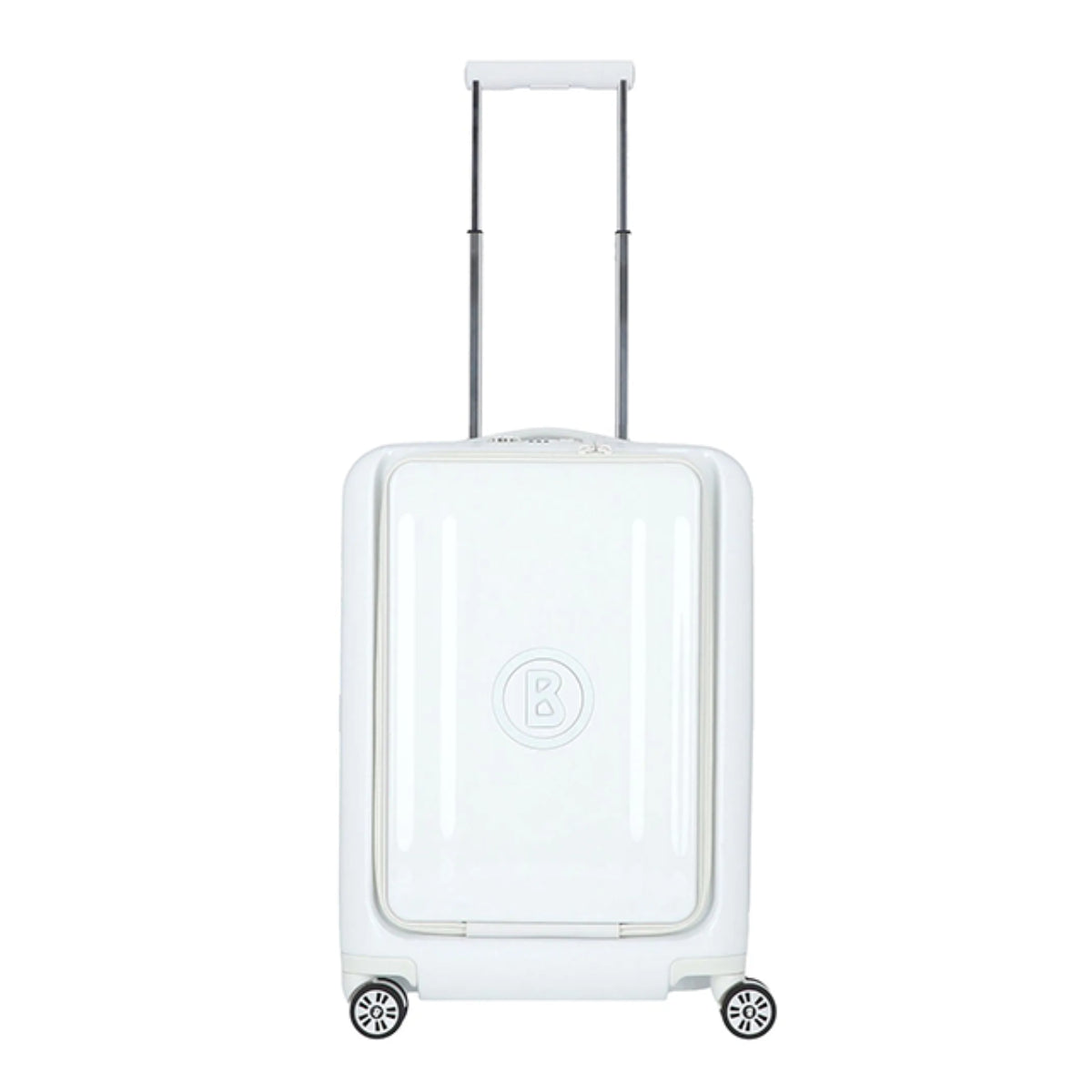 Der BOGNER Piz Kabinentrolley 55 cm in weiß von Bogner ist ein weißer Hartschalen-Kabinenkoffer mit vier Rollen und einem Teleskopgriff, abgebildet auf einem einfarbigen Hintergrund.