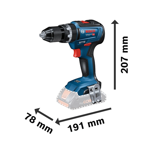 Der Bosch Professional 18 V Akku-Schlagbohrschrauber GSB 18V-55 Solo von Bosch ist mit Pfeilen abgebildet, die seine Abmessungen verdeutlichen: 207 mm in der Höhe, 191 mm in der Länge und 78 mm in der Breite.