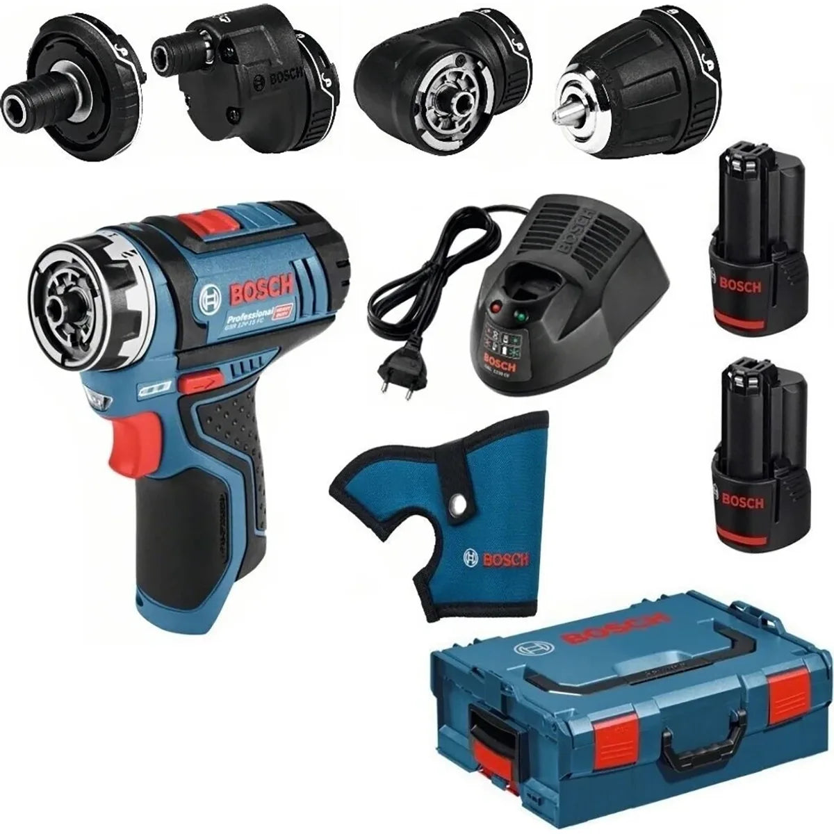 Das Bosch Akku Bohrschrauber GSR12V-15FC Set beinhaltet das FlexiClick-System, mehrere Aufsätze, Ladegerät, zwei Akkus, einen Koffer und einen blauen Stoffhalter.