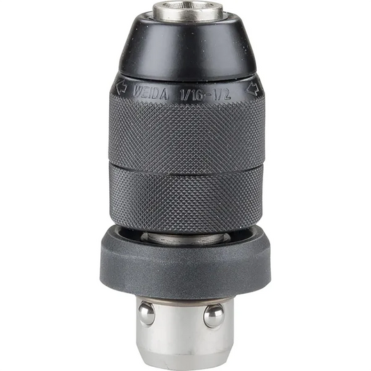 Ein schwarz-silbernes, schlüsselloses Bohrfutter mit strukturiertem Griff, Metallboden und eingravierten Größenmarkierungen, das für SDS-plus-Systeme wie den Bosch Professional GBH 2-28 F Bohrhammer von Bosch entwickelt wurde, wird aufrecht auf weißem Hintergrund gezeigt.