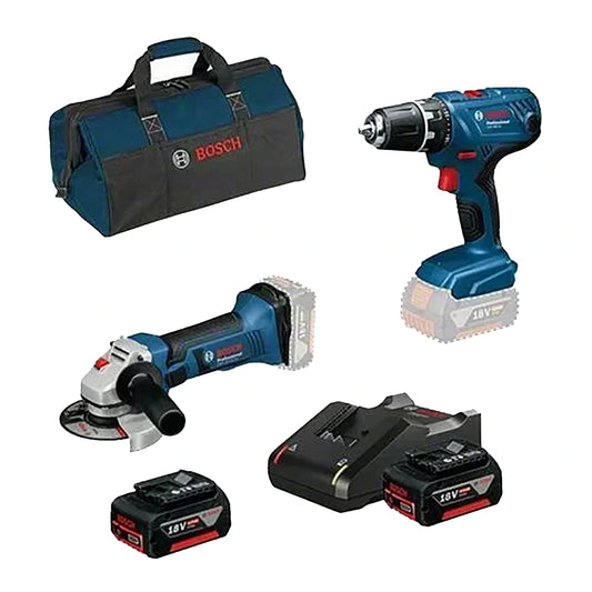 Bosch Professional 3-Tool-Kit von Bosch mit Akku-Bohrschrauber, Akku-Winkelschleifer, Ladegerät, zwei 18V-Akkus und Tasche, abgebildet auf weißem Hintergrund.