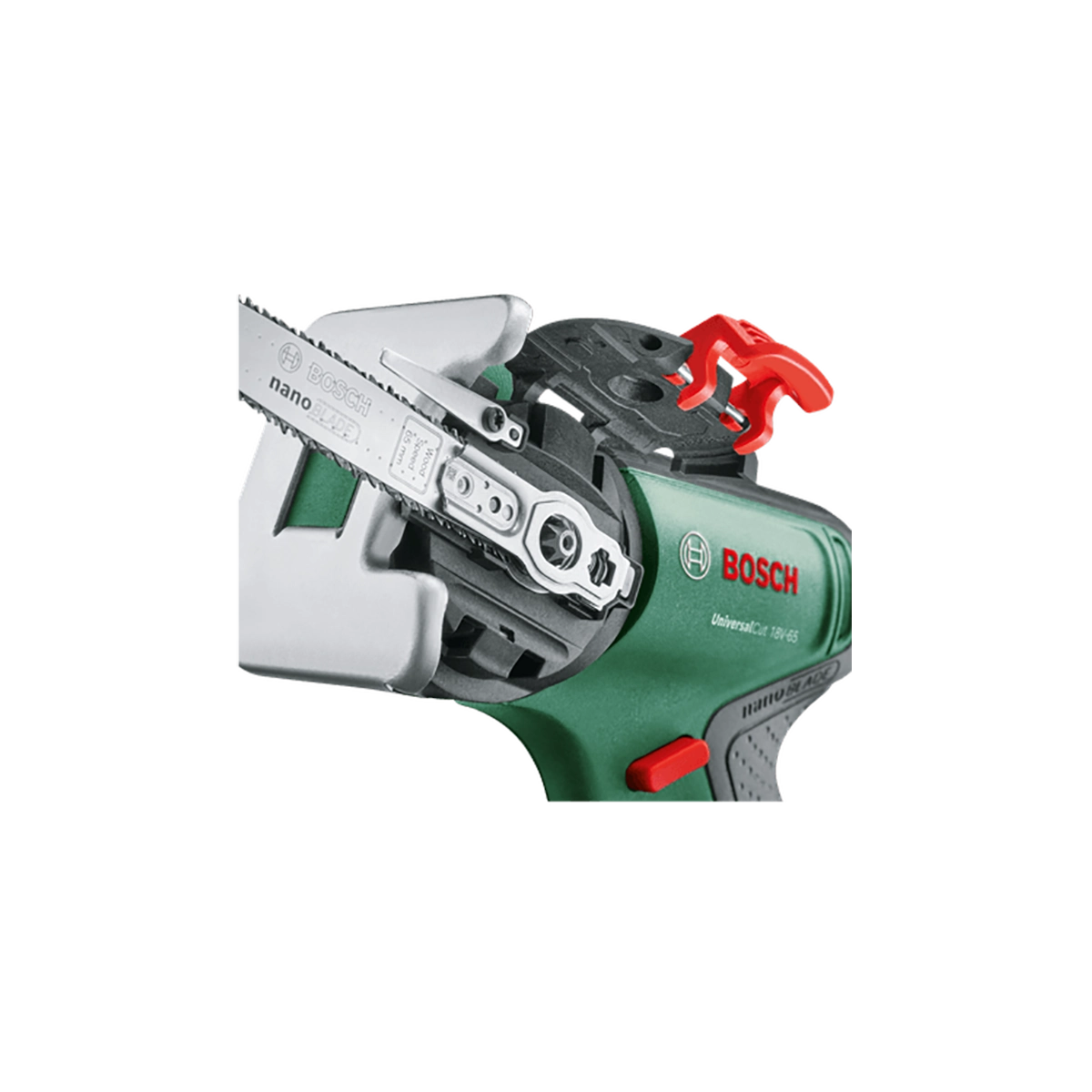 Nahaufnahme der Bosch UniversalCut 18V-65 Akku-Säge mit NanoBlade-Technologie, mit Metallklingenaufsatz, rotem Hebel und markantem Bosch-Logo.