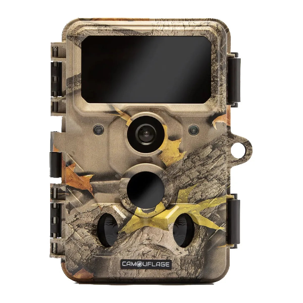 Die Camouflage EZ60 Wildkamera - Camo von Camouflage verfügt über ein großes Objektiv und einen Bildschirm für klare Aufnahmen bei Tag und Nacht, die auf weißem Hintergrund gezeigt werden.