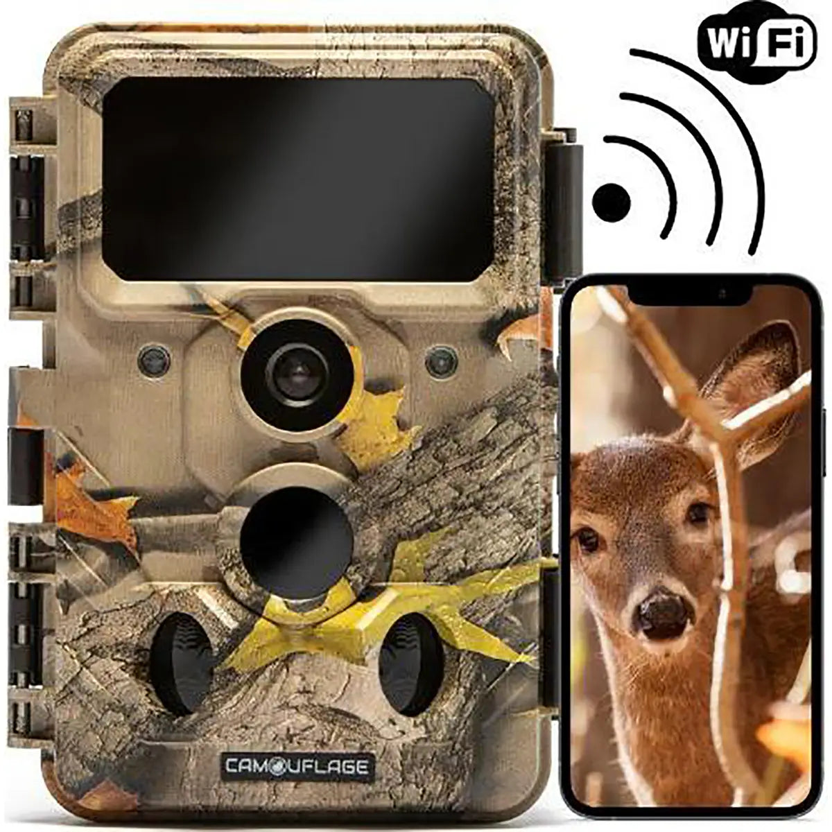 Die Camouflage EZ60 WiFi/Bluetooth Wildkamera von Camouflage mit Nachtsicht steht neben einem Smartphone, das eine 4K-Videoaufnahme eines Hirsches zeigt.