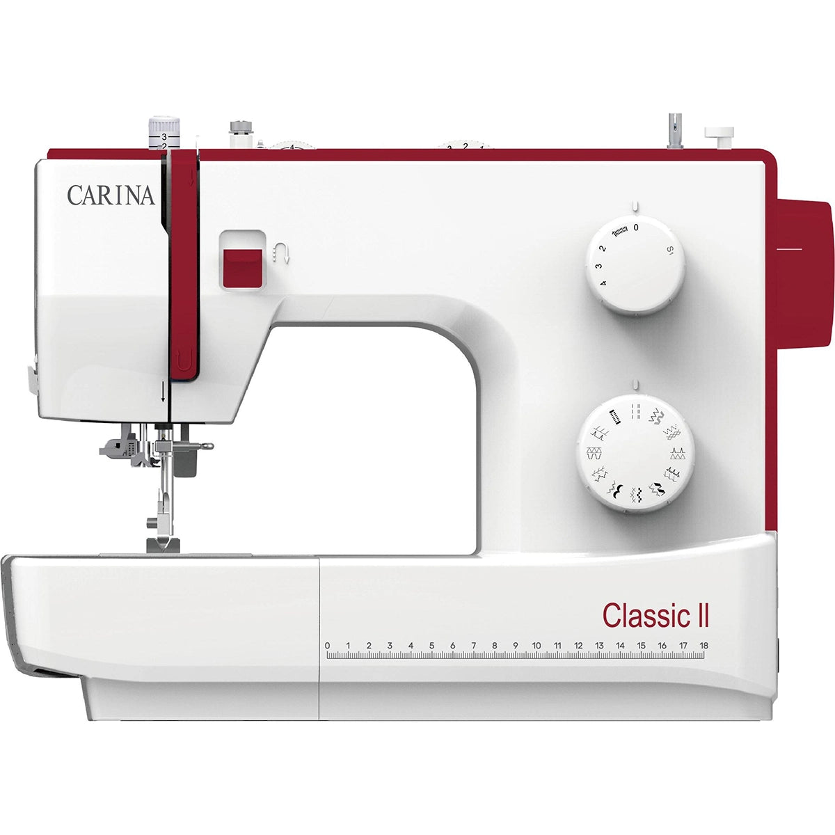 Die CARINA Classic II ist eine weiß-rote mechanische Nähmaschine von CARINA mit zwei großen Einstellrädern, 32 Stichprogrammen, Stichwahlsymbolen auf der Vorderseite und Messmarkierungen.