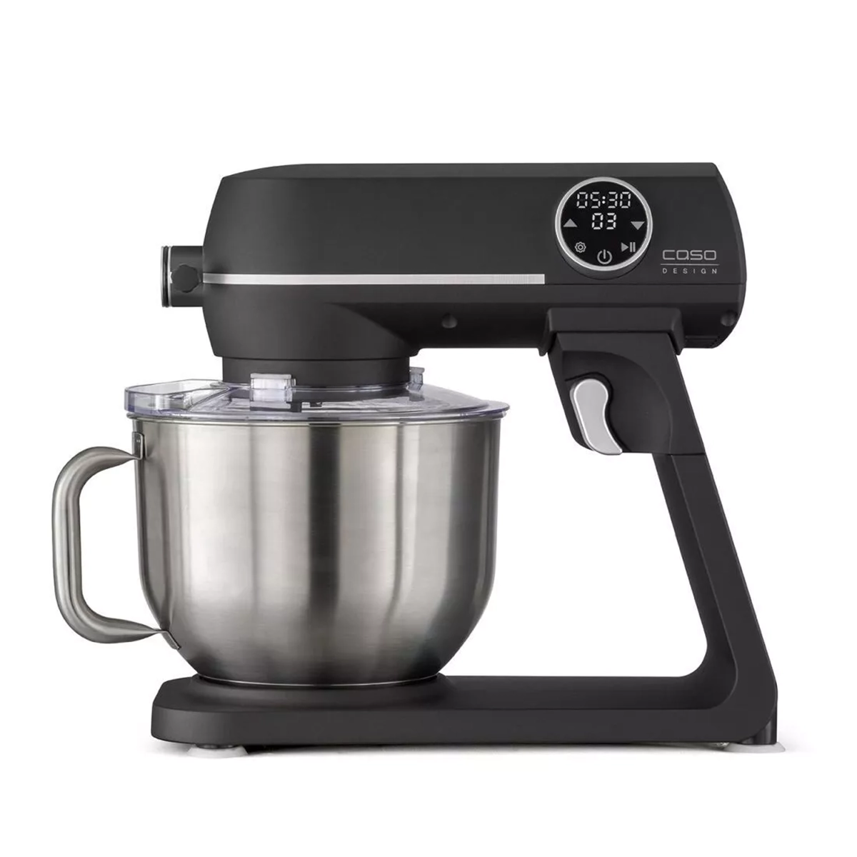 Die CASO KM 1800 Küchenmaschine in schwarz von CASO verfügt über eine 6-Liter-Edelstahlschüssel, digitales Display für Zeit und Einstellungen sowie ein leistungsstarkes Planetenrührwerk für gründliches Mischen.