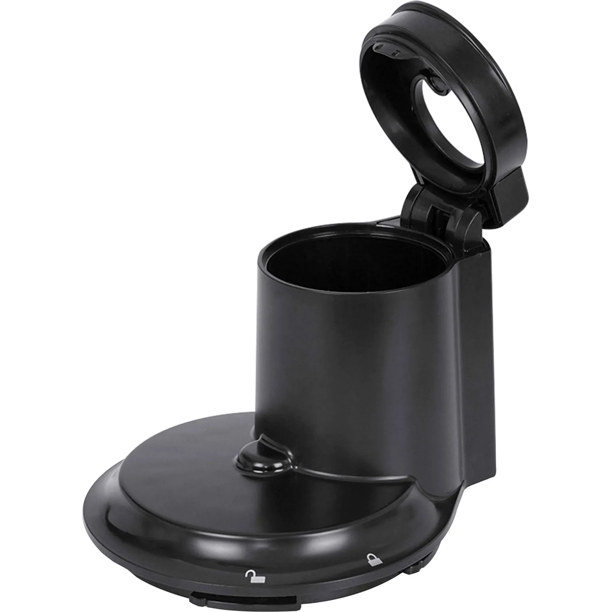 Ein schlichter schwarzer Filterhalter mit geöffnetem Deckel gibt das leere Kaffeesatzfach frei und passt zu modernen Küchen und Geräten wie dem CASO Entsafter Slowjuicer SJW 300 - schwarz von CASO.