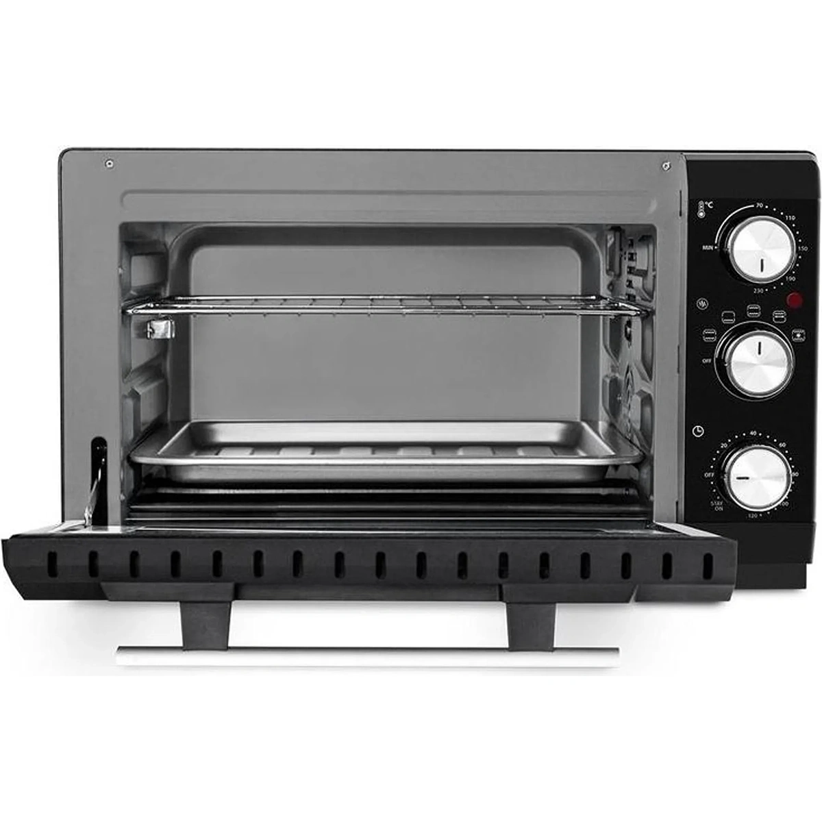 Der CASO TO 20 Mini-Backofen in Schwarz hat ein schwarz-silbernes Design, eine offene Fronttür, einen Drahtrost, ein Backblech und drei Drehregler auf der rechten Seite - ideal für bequemes Umluftgaren.