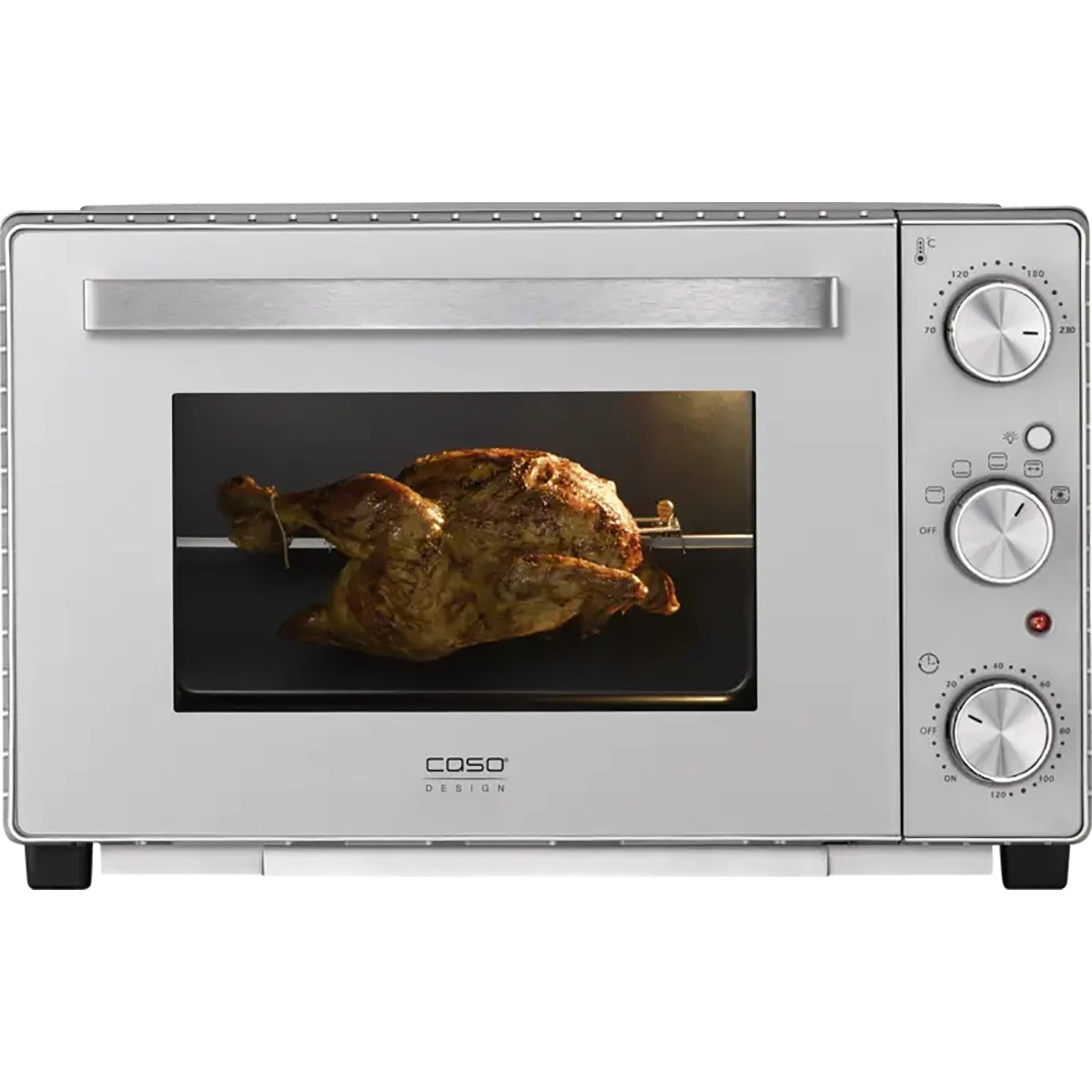 Ein ganzes Brathähnchen auf einem Grill mit Drehspieß im CASO TO 32 SilverStyle Mini-Backofen von CASO (silber) mit Drehreglern und Umluftfunktion.