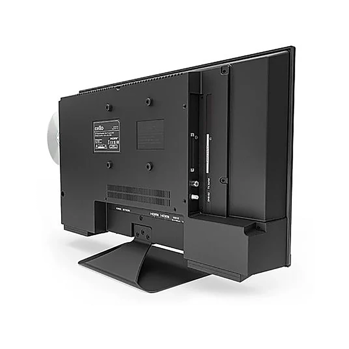 Eine Rückansicht des Cello 22″ Smart 12V mit DVD LED TV (22 Zoll / 55 cm, Full-HD, SMART TV) zeigt die Anschlüsse, den Stromanschluss, die Belüftung, die Befestigungslöcher, den Standfuß und das Produktetikett. Verfügt über eine flexible 12-Volt-Traveller-TV-Option.
